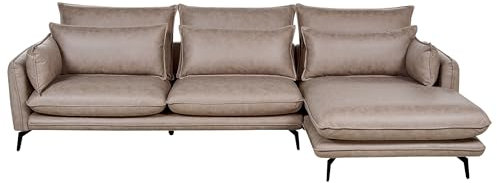 Canapé d'Angle Côté Gauche en Cuir PU Marron Clair 3 Places Rembourré Pieds Métal Gallo