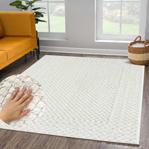 payé Teppich Wohnzimmer Hochflor - 120x170cm - Einfarbig - Pastell Creme - Boho - Modern Raute Muster- Skandinavisch Flauschig Weich - Schlafzimmer