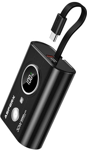 AsperX Batterie Externe, Mini 30W 10000mAh Power Bank Câble USB-C Intégré, Batterie Portable USB C Input & Output PD3.0 QC4.0 Charge Rapide Powerbank Compatible avec iPhone 16 15 Samsung Galaxy iPad