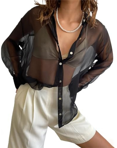 ORANDESIGNE Femme Chemisier à Manches Longues en Maille Transparente Tee Shirt Chemise Sexy Col à Revers Couleur Unie Sheer Mesh Noir Tulle Tenue de Moulante pour Soirée Club A Noir XL