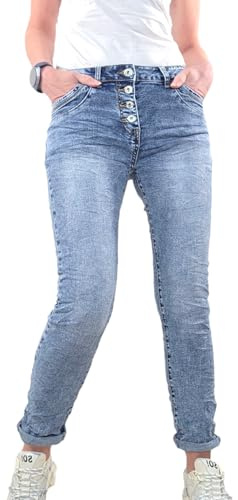 Jewelly Stretch jeans | i säckig pojkvän snitt | dambyxor med dekorativ knapplist | perfekt passform, Blekt, XL