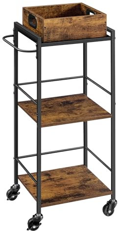 VASAGLE Servierwagen, Küchenwagen, abnehmbares Tablett, mit verstellbaren Füßen und Rollen, Küchenregal, Stahlrahmen, 30 x 34,7 x 86 cm, Industrie-Design, vintagebraun-schwarz LRC062B01