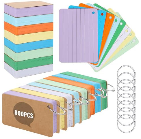 800 Pcs Flash Card, A7 Revision Cards 180 GSM Thickened Index Cards Coloured Flashcards with 10 Metal Binder Rings, Ruled Cue Card for School Office Home Study Revision Supplies