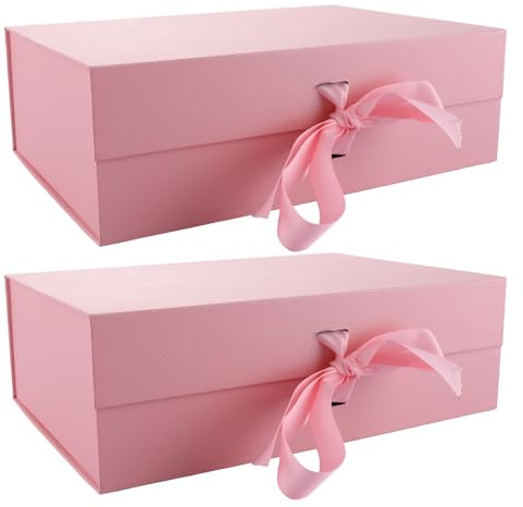 ASelected 2Pcs Magnetic Gift Box, 32.2x23x10.5cm Luxury Paper Wedding Favor Boxes, Medium Gift Box with Lids and Ribbon for Presents, Birthday, Anniversary, Festival- Pink