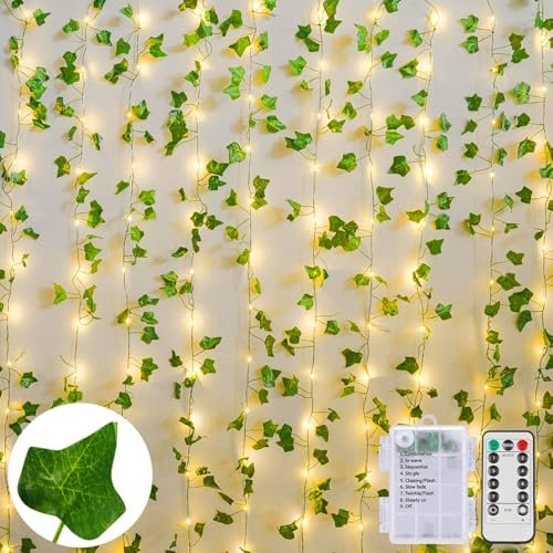 Dekofun Guirlande Lumineuse 10M 100 LED Lierre Artificiel Alimenté par Pile avec Télécommande, 8 Modes Étanche Guirlande Lierre pour Chambre Noël Mariage Intérieure Extérieure Décoration