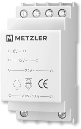 Metzler Klingeltrafo 8V 12V 24V für Türklingel Gong - Klingeltransformator mit 8VA Nennleistung – geeignet für genormte Hutschiene - Klingel Trafo Weiß