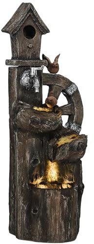 Outsunny Fontaine à eau 2 en 1 avec maison pour oiseaux Fontaine de jardin avec éclairage LED Fontaine décorative en cascade à 4 niveaux pour jardin, patio, terrasse 34,5 x 29,5 x 92 cm Multicolore