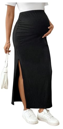 OYOANGLE Women's Maternity Ribbed Knit Skirt High Waisted Side Split Pregnancy Midi Pencil Skirt Black Medium