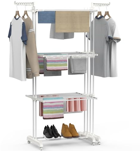 Soontrans Tendedero Vertical, 66-130×50×170 CM, 4 Niveles Tendederos Plegables, con Alas Laterales, Ruedas Giratorias 360º y Bloqueo, Inoxidable, hasta 40 kg, para Exterior y Interiores (Blanco)