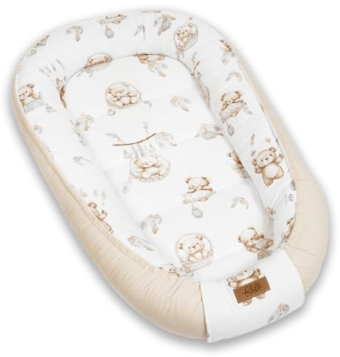 PaLulli® Nid pour bébé extra large 100 x 60 cm en coton - Nid douillet réversible pour bébé - Fabriqué à la main, respirant et sûr (ours beige)
