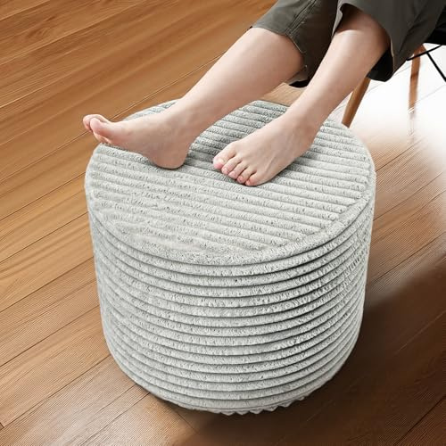Setguopal Round Pouf Ottoman, Stuffed Floor Pouf with Foam Chunk Filling, Soft Coral Fleece Furry Foot Rest Stool, Multi-Use Ottoman for Living Room, Wide Stripe Boho Decor,Dark Gray