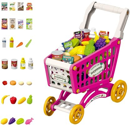 Carro de Compras de Juguete - 28 Accesorios – Incluye Comida – Juguete Educativo para Niños y Niñas (Rosa)