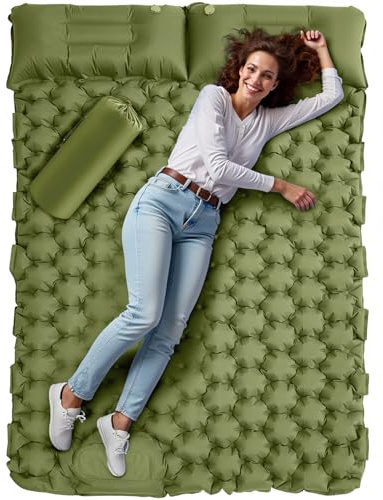 Hingue Matelas Gonflable 2 Personnes Camping, Matelas Camping 2 Personnes Autogonflant avec Pompe à Pied et Oreillers Intégrés, Matelas Trekking Imperméable Compact pour Tente,Randonnée- Vert Armée