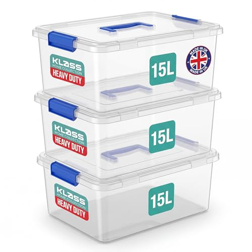 Klass 3 PCS 15L Plastic Storage Boxes With Lids, Clear Small Storage Box | 3 Pack, 15 Litre Clip-Lock Lid Nestable Stackable Storage Box, Small Storage Containers For Home, Kitchen, Craft, Office