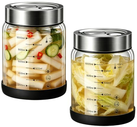 HOVCEH Bocal Fermentation 1L, Lot de 2 Bocal en Verre Hermétique avec Soupapes, Bocaux de Fermentation avec Couvercle, Récipient à Kimchi pour Choucroute, Cornichons, Kéfir et Légumes