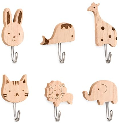 HMCEY 6 Pièces Porte Manteau Enfant Mural Animaux, Crochet Mural Bois | Grande RéSistance à La Charge,Installation Sans Clous,Non Toxique Et Sans Odeur,pour Chambre,Cuisine,Salle de Bain