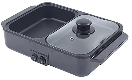 CNCEST 2 in 1 Portable Electric Hot Pot Barbecue Grill Non-Stick Teppanyaki Pan 110V Indoor Hotpot Grill Korean BBQ Combo (Black)