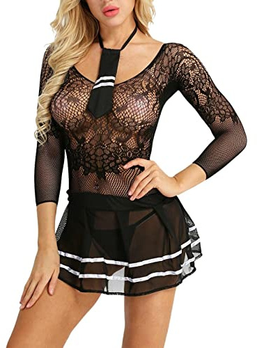 Sexig cosplay-kostym, fisknätsunderkläder för kvinnor, stygg marinblå babydoll sjöman fin klänning, fransk hembiträde, outfit, magtröja, batikskjorta, veckad minikjol för halooween karneval