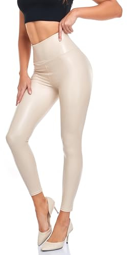 Cheapestbuy Stretchy Faux Leather Leggings for Women High Waisted Leather Pants Sexy Tummy Control Pleather Tights, Beige, S