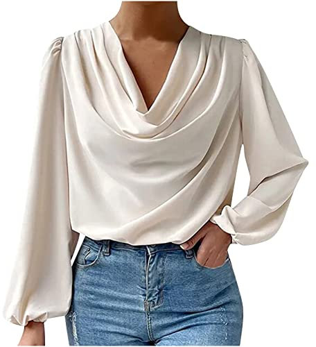 Chemisier élégant à manches longues et col bénitier pour femme - Haut court drapé froncé - Automne - Printemps - Tunique décontractée - Cadeau pour elle, beige, XXX-Large