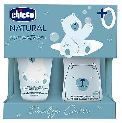 Chicco Set Cosmética Natural Sensation, Incluye Champú y Baño Sin Lágrimas 200 ml y Crema Hidratante Corporal 150 ml para Bebés, Idea de Regalo