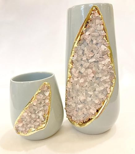 Grey and Gold Ceramic Vase/Planter/Pot/Wine Goblet/Mug with Purple Amethyst Semi - Precious Agate Crystal Gemstones |Both (Small & Large), (Silver - Finish)