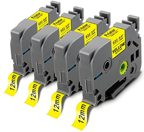 Pristar Kompatible 12mm Schriftband für Brother TZe-631 Tze631 P-touch Bänder für Brother PT-1000 1010 1080 PT-H105 PT-E110 PT-P300BT PT-H100LB PT-H100R 107B D200BW P700 D400 Schwarz auf Gelb 4 Pack