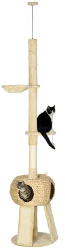 PawHut 255cm Cat Tree Tower w/Scratching Post, Cat House, Ball, Platform, Beige