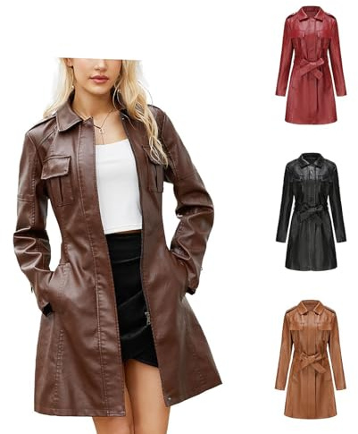 Easyoyo Veste mi-longue en similicuir avec ceinture pour femme, café, Medium