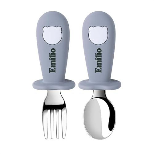 TYRY.HU Cucchiai e Forchette Posate con Nome Personalizzata Posate in Acciaio Inossidabile Silicone per Bambini e Neonati con Design Antisoffocamento