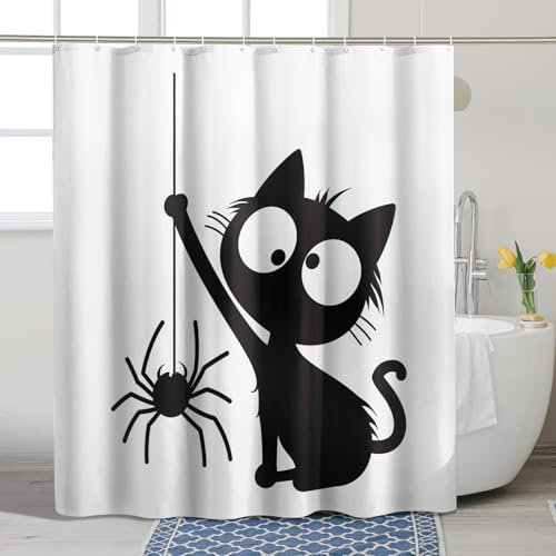 Rideau de douche motif chat mignon et araignée, noir et blanc, style dessin animé d'Halloween amusant pour décoration de salle de bain, rideau de douche moderne minimaliste en tissu imperméable avec