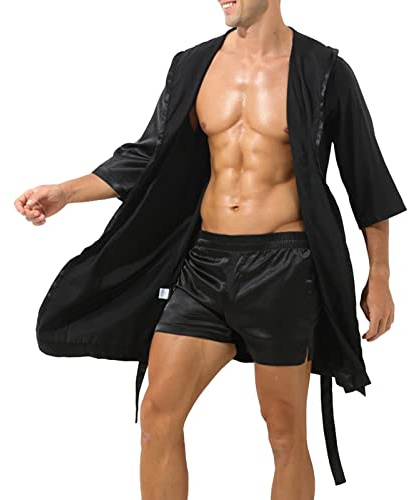Robe de chambre kimono en satin pour homme - Confortable - Col en V - Robe de sauna avec ceinture - Vêtement de nuit sexy - Vêtement de nuit - Costume de maison - Peignoir court et léger en satin