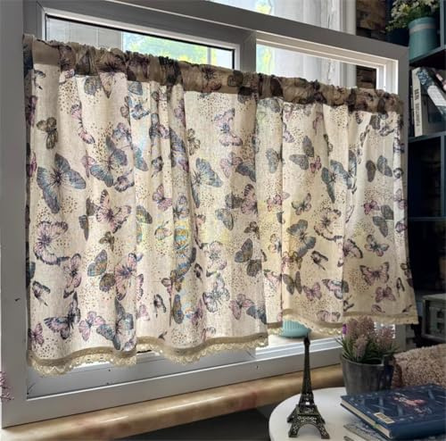 Yaland Linnen look gardin bistrogardin lanthus kort kök köksgardin stångpassage med fjärilsmönster päls litet fönster 1 st H x B 60 x 140 cm