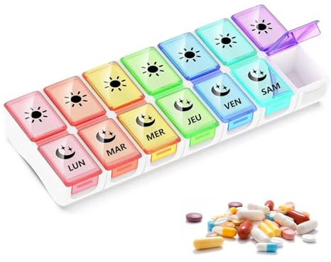 GeekerChip Pilulier Semainier Français Matin et Soir,Piluliers Medicaments 7 Jours 2 Compartiments,Petits Pilluliers Amovibles,pour Vitamines,Suppléments(Multicolore)