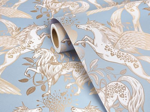 FunStick 17.5x354 Blue and Gold Unicorn Peel and Stick Wallpaper Whimsical Aesthetic Animal Leaves Horse Wallpaper Self Adhesive Contact Paper Waterproof Renter Friendly Girls Bedroom Accent Walls