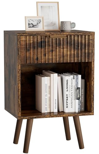 YMYNY Mesita de Noche de Madera Ondulada, Mesa Auxiliar con Cajón, Compartimento Abierto, Manija Dorada, Estilo Mid-Century Moderno, para Dormitorio, Salón, Marrón Rústica HST013H