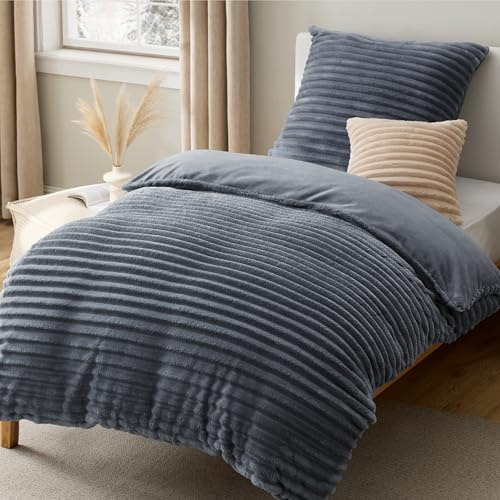 BEDSURE Flanell sängkläder 135 x 200 – vinterpåslakan med 1 örngott 80 x 80 cm, Öko-Tex vintersängkläder 135 x 200 plysch varm fluffig påslakan med dragkedja, antracit