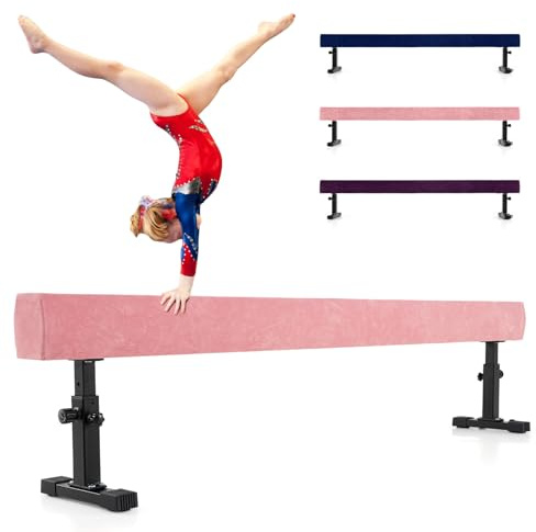 COSTWAY Trave Ginnastica Artistica per Casa Regolabile 226 cm, Trave di Equilibrio con Ruote e 3 Altezze Regolabili e Gambe Robuste per Principianti e Professionisti (Rosa)