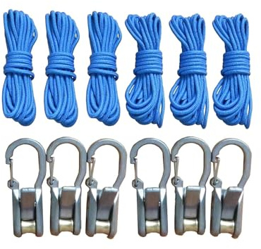 ANQKYO 6-Pack Retractable Rope Roller Ratchet Straps Set, Knot-Free Camping Tightening Tool with Cam Lock, Paracord Pulley Tensioner Clips for Outdoor Gear