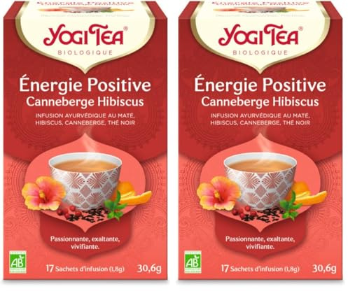 YOGI TEA Énergie Positive Bio – Infusion Canneberge & Hibiscus, Sans Caféine – Arômes Fruités & Vivifiants – Bien-Être, Vitalité & Bonne Humeur – 17 Sachets d’Infusion (Lot de 2)