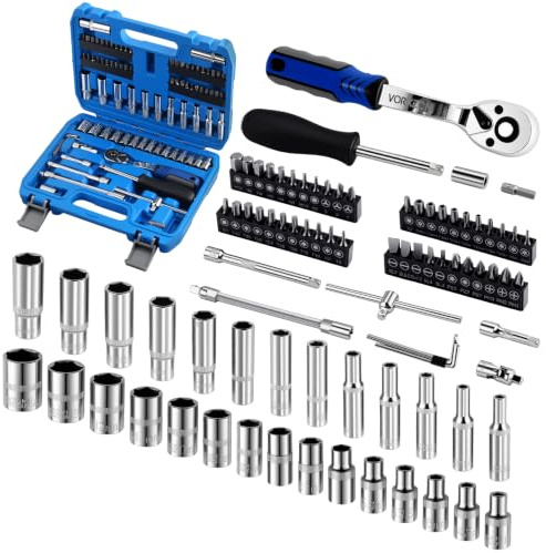VORXEON Juego de Llaves de Vaso Cr-V 82pzs,72 Dientes Llave Carraca 1/4 Juego de Carraca Herramientas Taller Mecanico Llaves de Tubo Cromadas y Pulidas para Reparación de Coches y Trabajos Mecánico