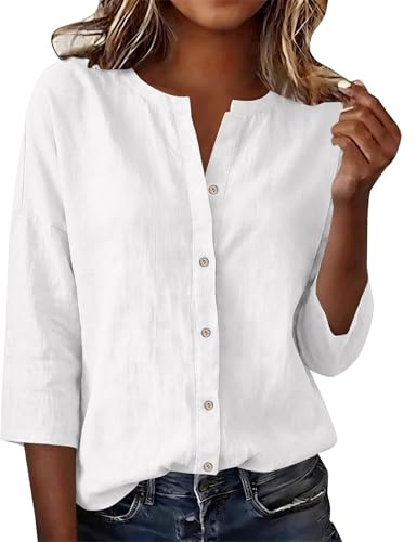 Chemise Femme Coton Été Manche 3/4 Boutonné Coton et Lin Tee Shirt Col V Mode Femme Ample Resipirant Marche Blouse Décontracté Chic Randonnée Camping Top