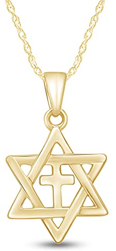 AFFY Star of David with Cross Pendant Necklace, 14K Yellow Gold Over Sterling Silver Jewish Christian Interfaith Jewelry Gift for Women with 18 Chain