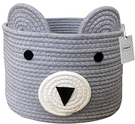 Inwagui Baumwolle Seil Korb Baby Aufbewahrungskörbe Bär Wäschekorb Faltbare Kinder Aufbewahrungsbox für Spielzeug Kinderzimmer Dekokorb - Grau