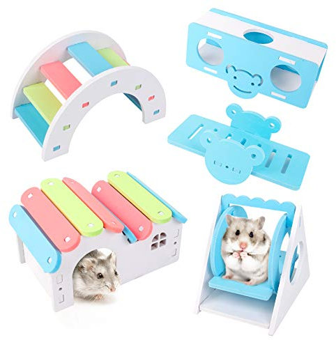Hamster Spielzeug 5 Stück Hamster Zubehör Set Hamster Holz Wippe Schaukel Haus Regenbogenbrücke Hamster Übung Spielzeug für Hamster Ratten Rennmäuse Kleintiere