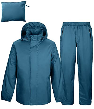 Herren Regenanzug Reflektierender Wasserdichter Anzug Outdoor Regenmantel Packbare Winddichte Regenjacke+Regenhose Atmungsaktive für Fischen Wandern Camping Blau XL