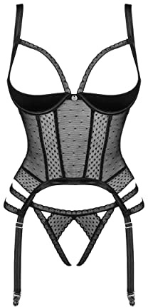 Selente Love & Fun Sensuale Completo Intimo a 3 Pezzi: guepiere, Tanga ed Esclusiva Benda per Occhi in Raso, Nero Aperto, XS-S