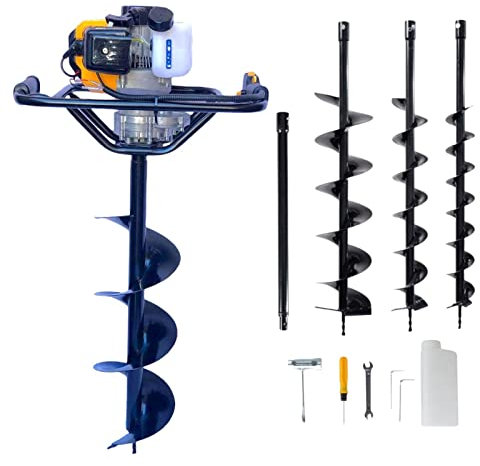 Mototrivella a scoppio 63cc 2 Tempi Con 3 Punte di Ricambio Ø 100, 150, 200 mm + Prolunga Barra di Estensione Trivella Trivellatrice da Giardino e campi, Utilizzo Professionale e Fai da te