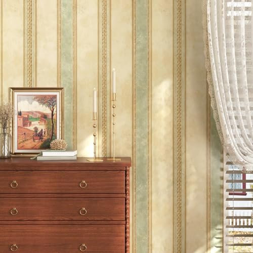 HotDecor Papier Peint Fleuri Vintage Papier Adhesif Pour Meuble Motif Rayé Beige Clair/Vert Papier Peint Adhesif Mural Pour Chambre Salon Adhesif Mural Decoratif Film Autocollant Meuble 53cm x 300cm