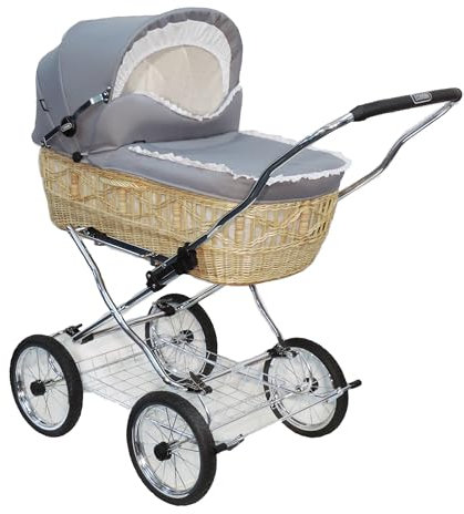 EICHHORN Kinderwagen Weidenkorb - Kinderwagen aus echter Weide, handgeflochten, Korb Natur, Stoff Grau, ECCO-Räder